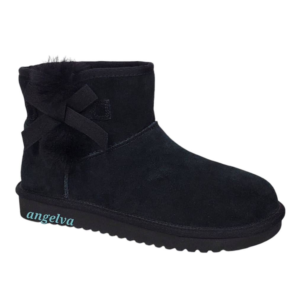 New Koolaburra Ugg Victoria mini suede fur ankle boots black bow pull on winter